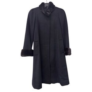 Marvin Richards Coat Black Swing Wool Overcoat Fox Collar and Trim Womens size 4